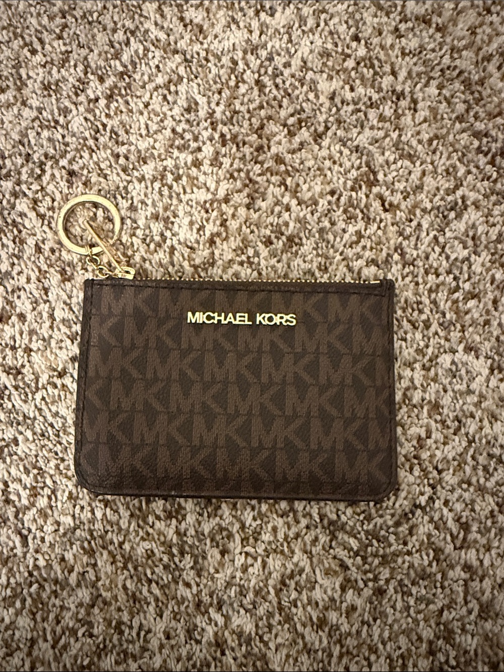 Michael Kors Brown MK Monogram Card Pouch with Gold Keyring